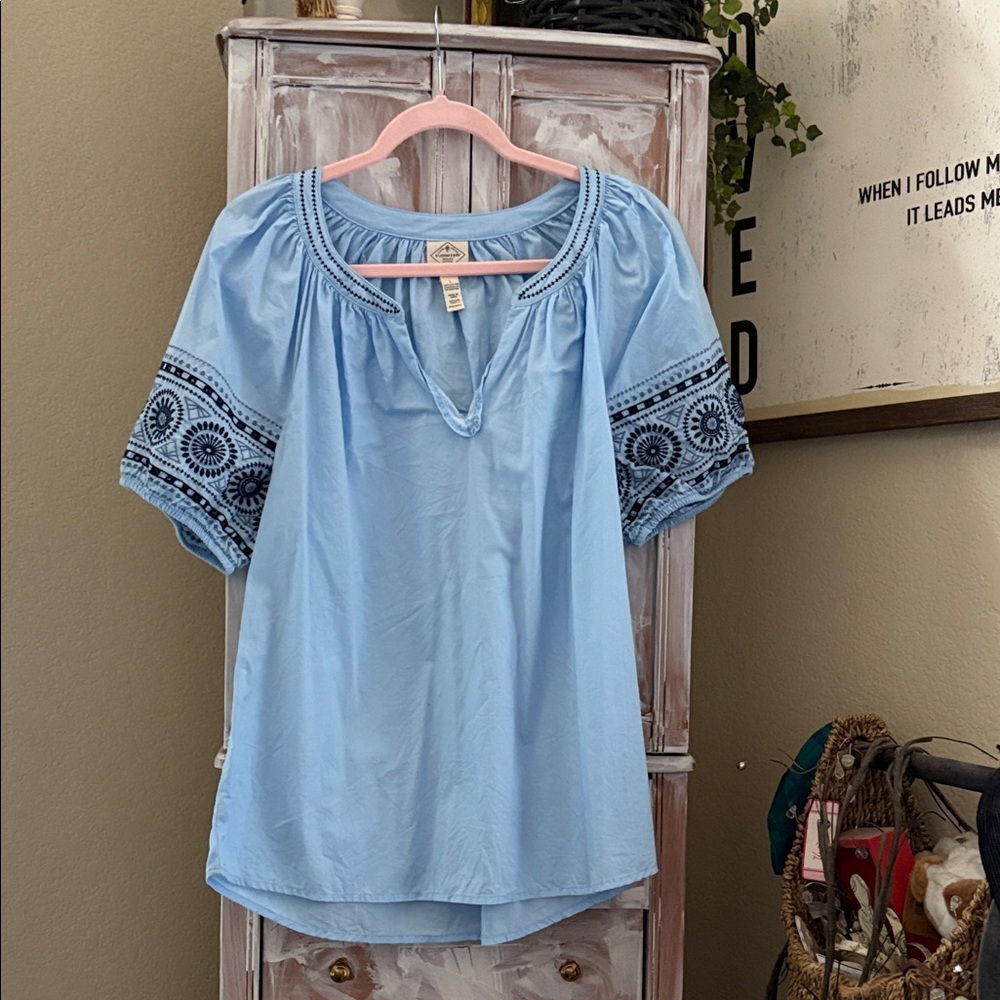 St. John's Bay Light Blue Blouse with Navy Embroidery